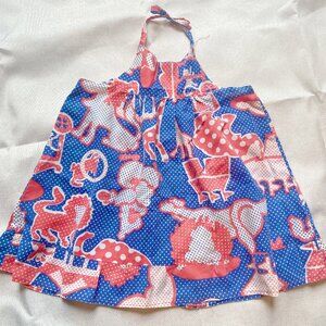 Vtg 70s Baby Circus Print Halter Dress